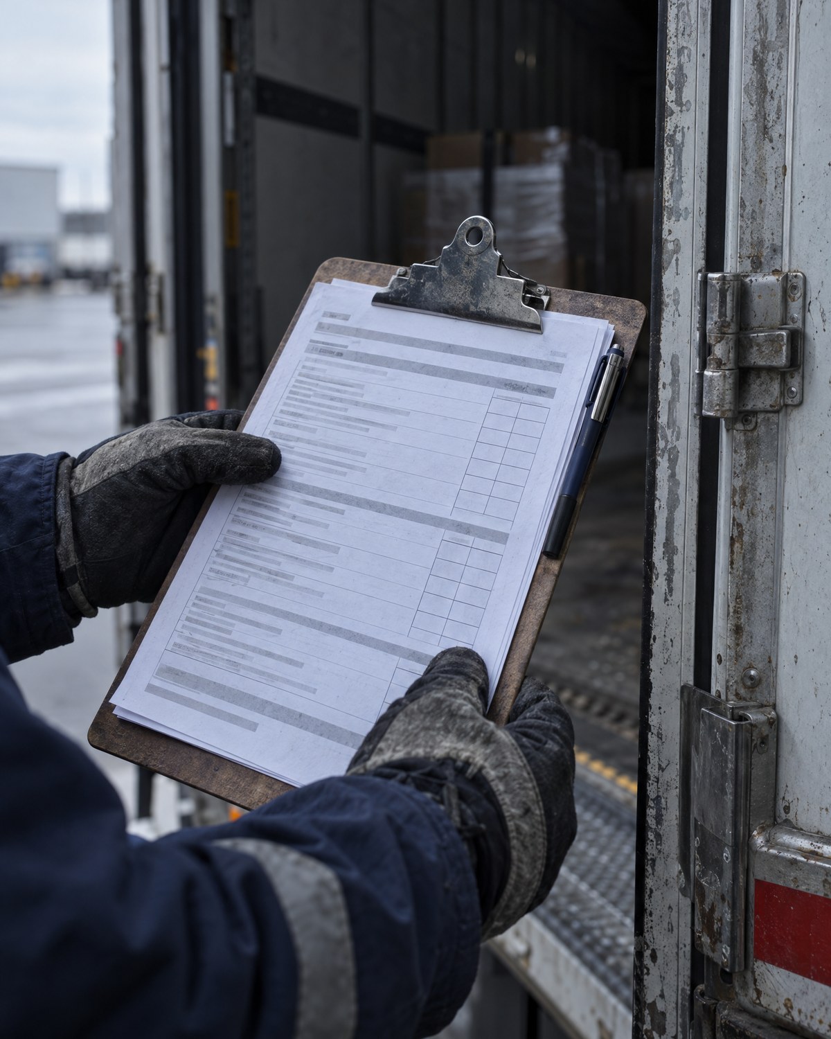 Illustrative close-up of gloved hands holding a clipboard with a load sheet beside an open trailer door.