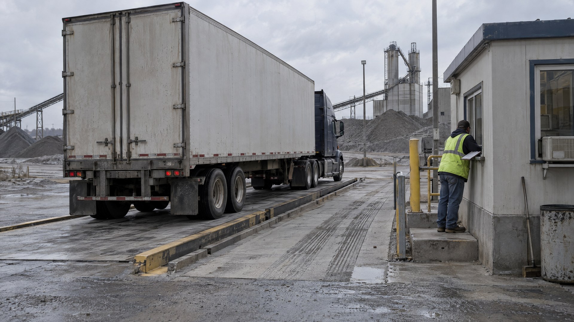 Illustrative truck standing on an in-ground platform scale beside a weighbridge office.