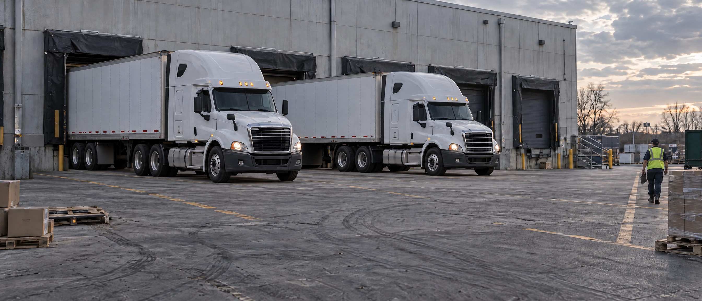 Illustrative distribution center with five-axle tractor-semitrailer combinations backed rear-first to raised loading docks and tractor cabs facing outward.