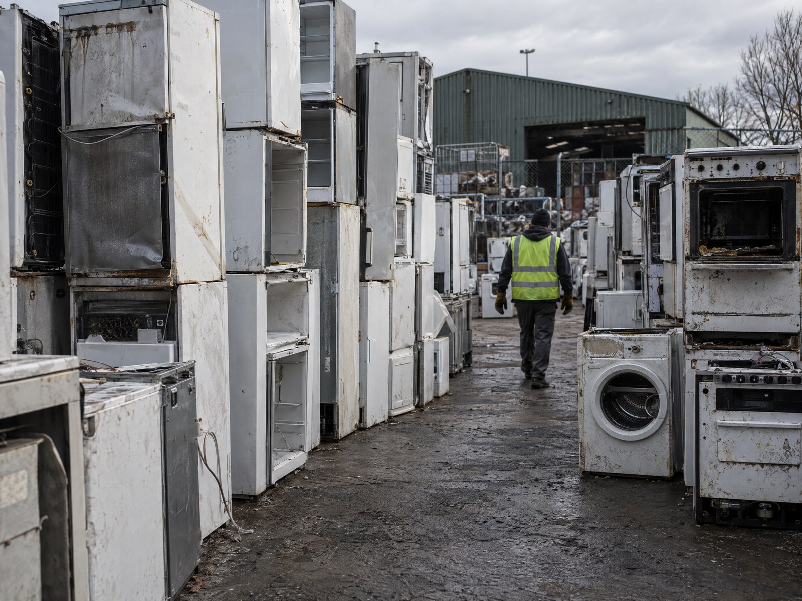 Illustrative rows of used appliances stacked in an outdoor processing area.