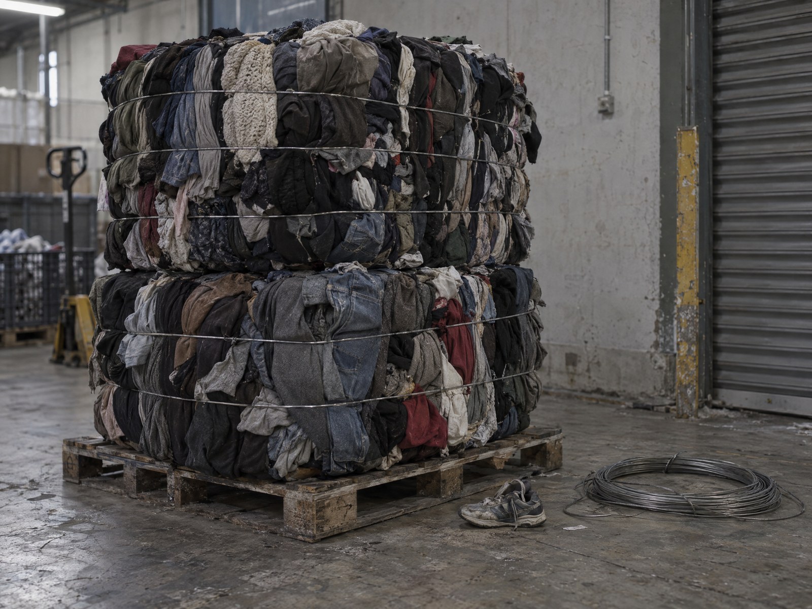Illustrative wire-tied bales of compressed clothing and fabric on a warehouse floor.
