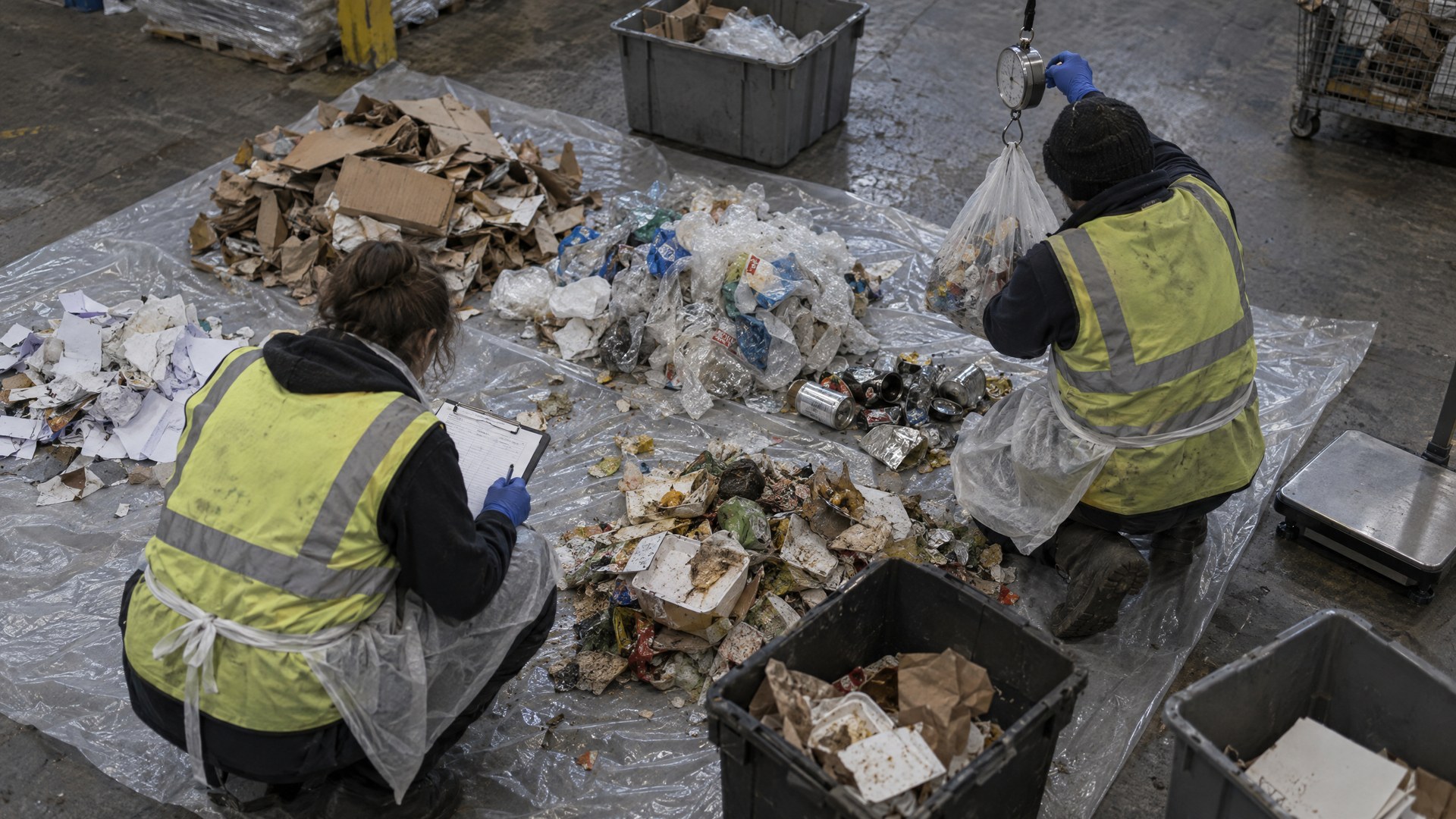 Illustrative waste audit with mixed material spread on a plastic sheet while two workers record weights.